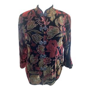 Velvet Silk Blend Floral Jacket Mandarin Collar Frog Clos Sz M Vintage Lutar